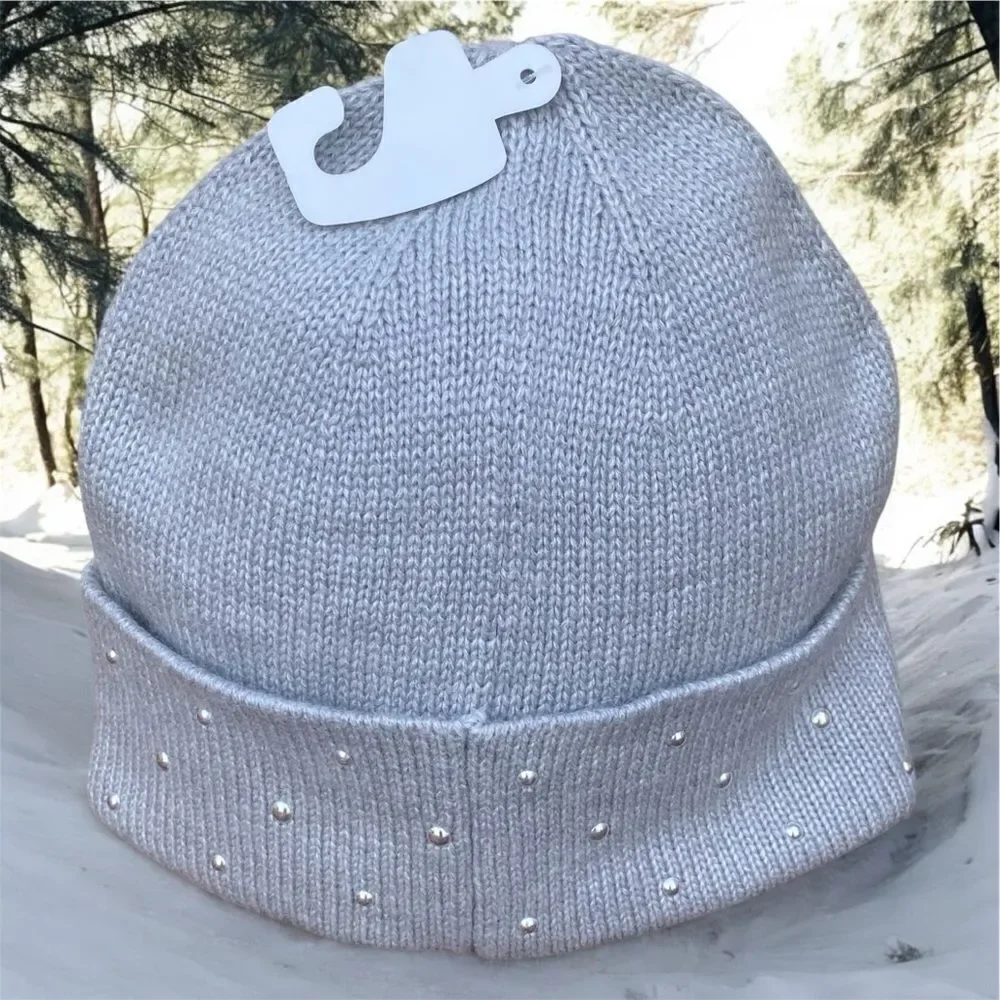 NWT New Michael Kors Grey Knit w/Silver Grommets & Logo Hat/Beanie OS Winter